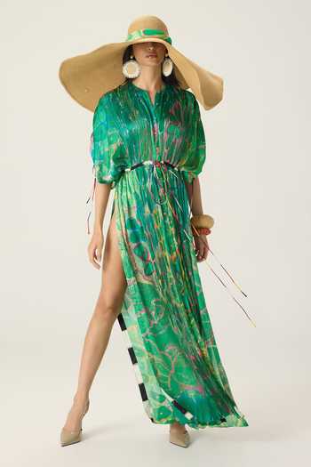 Buy Saaksha & Kinni Green Chiffon Split V-neck Sasha Floral Print Kaftan Online at Aza Fashions Buy_Saaksha & Kinni_Green Chiffon Split V-neck Sasha Floral Print Kaftan _Online_at_Aza_Fashions