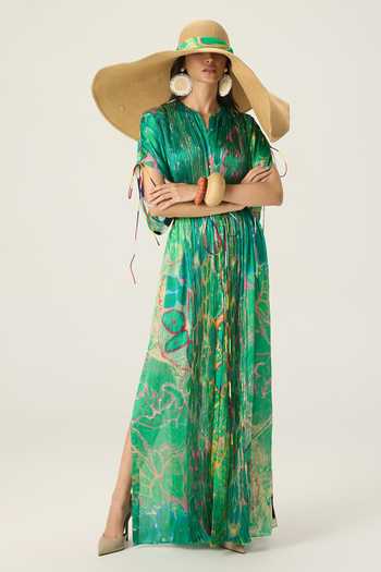 Shop Saaksha & Kinni Green Chiffon Split V-neck Sasha Floral Print Kaftan Online at Aza Fashions Shop_Saaksha & Kinni_Green Chiffon Split V-neck Sasha Floral Print Kaftan _Online_at_Aza_Fashions