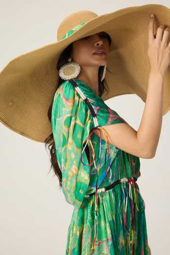Saaksha & Kinni Green Chiffon Split V-neck Sasha Floral Print Kaftan at Aza Fashions Saaksha & Kinni_Green Chiffon Split V-neck Sasha Floral Print Kaftan _at_Aza_Fashions