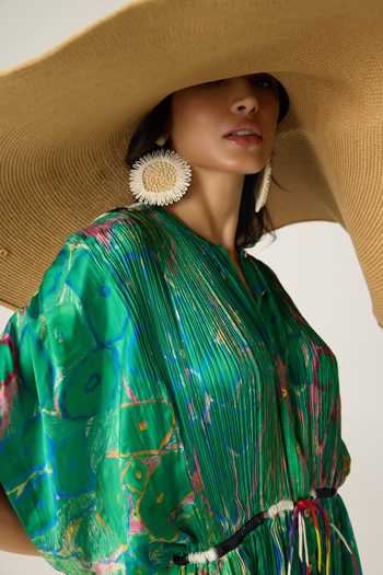Buy Saaksha & Kinni Green Chiffon Split V-neck Sasha Floral Print Kaftan Buy_Saaksha & Kinni_Green Chiffon Split V-neck Sasha Floral Print Kaftan