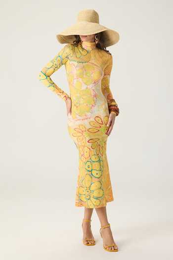 Saaksha & Kinni Yellow Jersey High Neck Renata Printed Midi Dress Online at Aza Fashions Saaksha & Kinni_Yellow Jersey High Neck Renata Printed Midi Dress _Online_at_Aza_Fashions