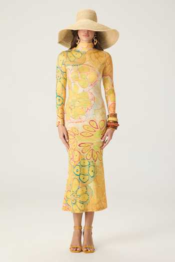 Buy Saaksha & Kinni Yellow Jersey High Neck Renata Printed Midi Dress Online at Aza Fashions Buy_Saaksha & Kinni_Yellow Jersey High Neck Renata Printed Midi Dress _Online_at_Aza_Fashions