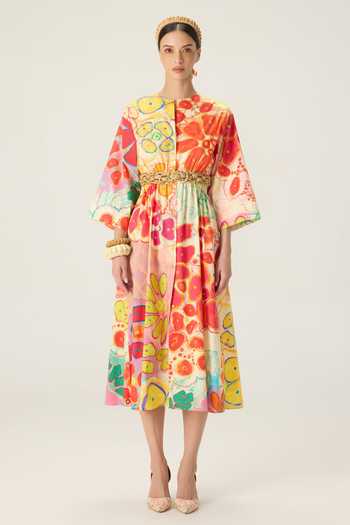 Saaksha & Kinni_Multi Color Cotton Round Neck Madison Floral Print Midi Dress _Online_at_Aza_Fashions