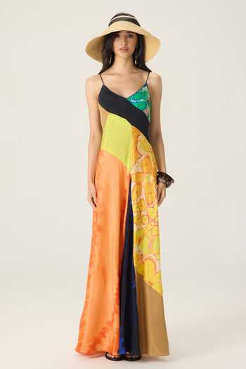 Saaksha & Kinni_Multi Color Chiffon V-neck Albie Patchwork Print Dress _Online_at_Aza_Fashions