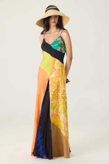 Buy_Saaksha & Kinni_Multi Color Chiffon V-neck Albie Patchwork Print Dress _Online_at_Aza_Fashions