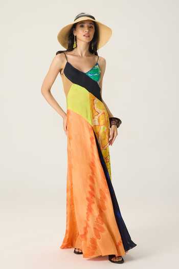 Shop_Saaksha & Kinni_Multi Color Chiffon V-neck Albie Patchwork Print Dress _Online_at_Aza_Fashions