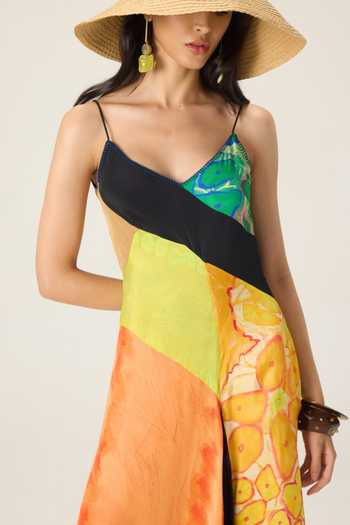 Saaksha & Kinni_Multi Color Chiffon V-neck Albie Patchwork Print Dress _at_Aza_Fashions