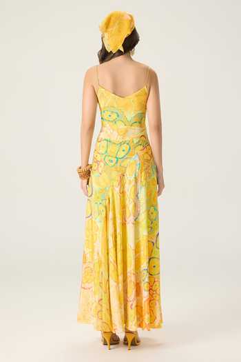 Shop Saaksha & Kinni Yellow Chiffon V-neck Gwen Floral Print Dress at Aza Fashions Shop_Saaksha & Kinni_Yellow Chiffon V-neck Gwen Floral Print Dress _at_Aza_Fashions
