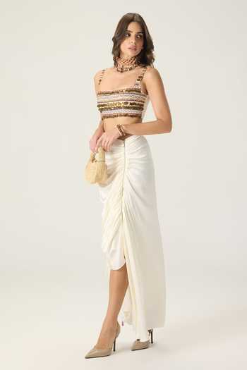 Saaksha & Kinni_White Silk Satin Quincy Midi Skirt _Online_at_Aza_Fashions