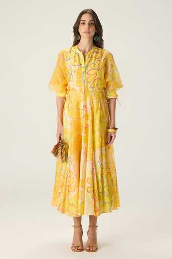 Saaksha & Kinni Yellow Chanderi, Silk Organza Mandarin Collar Sonam Floral Print Midi Dress Online at Aza Fashions Saaksha & Kinni_Yellow Chanderi, Silk Organza Mandarin Collar Sonam Floral Print Midi Dress _Online_at_Aza_Fashions