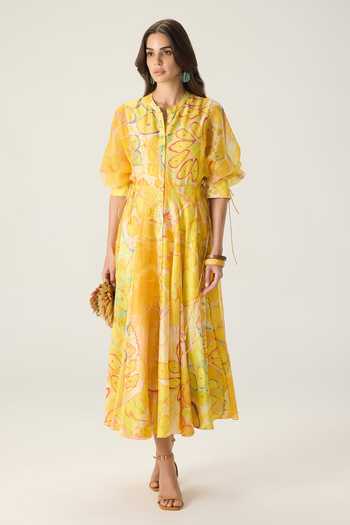 Buy Saaksha & Kinni Yellow Chanderi, Silk Organza Mandarin Collar Sonam Floral Print Midi Dress Online at Aza Fashions Buy_Saaksha & Kinni_Yellow Chanderi, Silk Organza Mandarin Collar Sonam Floral Print Midi Dress _Online_at_Aza_Fashions