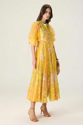 Shop Saaksha & Kinni Yellow Chanderi, Silk Organza Mandarin Collar Sonam Floral Print Midi Dress Online at Aza Fashions Shop_Saaksha & Kinni_Yellow Chanderi, Silk Organza Mandarin Collar Sonam Floral Print Midi Dress _Online_at_Aza_Fashions