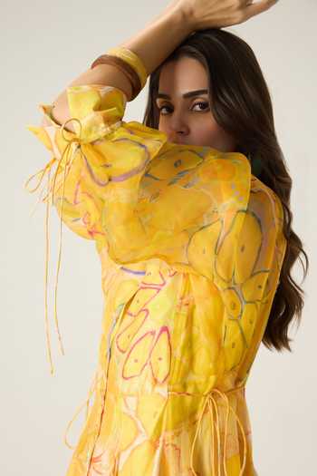 Saaksha & Kinni Yellow Chanderi, Silk Organza Mandarin Collar Sonam Floral Print Midi Dress at Aza Fashions Saaksha & Kinni_Yellow Chanderi, Silk Organza Mandarin Collar Sonam Floral Print Midi Dress _at_Aza_Fashions