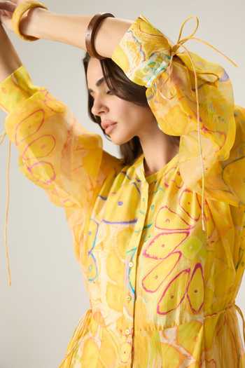 Buy Saaksha & Kinni Yellow Chanderi, Silk Organza Mandarin Collar Sonam Floral Print Midi Dress Buy_Saaksha & Kinni_Yellow Chanderi, Silk Organza Mandarin Collar Sonam Floral Print Midi Dress