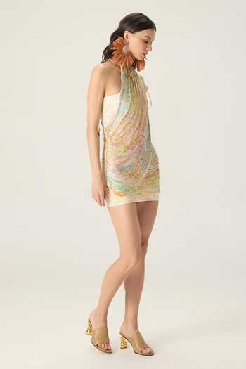 Saaksha & Kinni_Multi Color Chiffon, Jersey Halter Neck, One Della Floral Print Pleated Dress _Online_at_Aza_Fashions