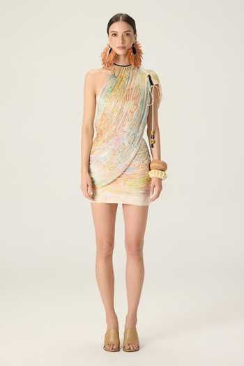 Buy_Saaksha & Kinni_Multi Color Chiffon, Jersey Halter Neck, One Della Floral Print Pleated Dress _Online_at_Aza_Fashions