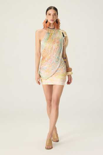 Saaksha & Kinni_Multi Color Chiffon, Jersey Halter Neck, One Della Floral Print Pleated Dress _at_Aza_Fashions