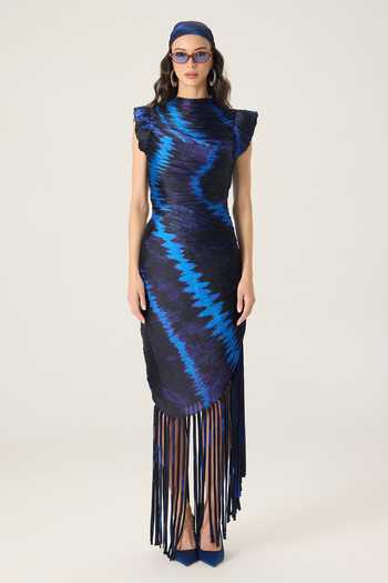 Saaksha & Kinni Blue Chiffon High Neck Imogen Printed Pleated Dress Online at Aza Fashions Saaksha & Kinni_Blue Chiffon High Neck Imogen Printed Pleated Dress _Online_at_Aza_Fashions