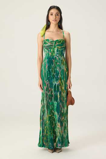 Saaksha & Kinni Green Chiffon Sweetheart Neck Kiara Floral Print Pleated Dress Online at Aza Fashions Saaksha & Kinni_Green Chiffon Sweetheart Neck Kiara Floral Print Pleated Dress _Online_at_Aza_Fashions