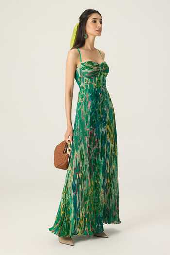 Buy Saaksha & Kinni Green Chiffon Sweetheart Neck Kiara Floral Print Pleated Dress Online at Aza Fashions Buy_Saaksha & Kinni_Green Chiffon Sweetheart Neck Kiara Floral Print Pleated Dress _Online_at_Aza_Fashions