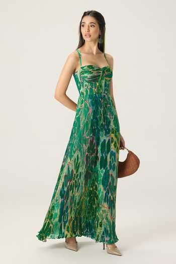 Shop Saaksha & Kinni Green Chiffon Sweetheart Neck Kiara Floral Print Pleated Dress Online at Aza Fashions Shop_Saaksha & Kinni_Green Chiffon Sweetheart Neck Kiara Floral Print Pleated Dress _Online_at_Aza_Fashions
