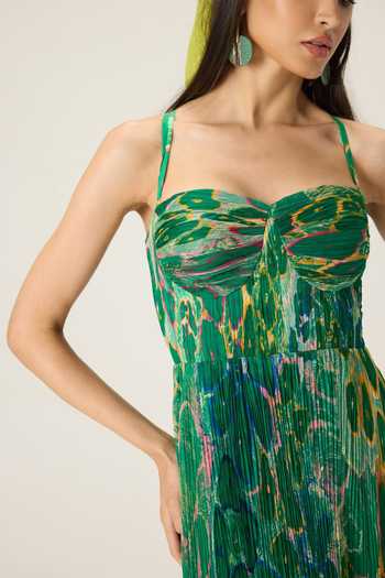 Saaksha & Kinni Green Chiffon Sweetheart Neck Kiara Floral Print Pleated Dress at Aza Fashions Saaksha & Kinni_Green Chiffon Sweetheart Neck Kiara Floral Print Pleated Dress _at_Aza_Fashions