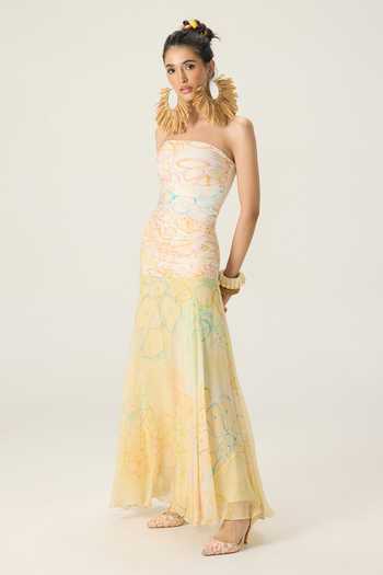 Saaksha & Kinni Multi Color Chiffon, Jersey Bandeau Neck Josie Floral Print Dress Online at Aza Fashions Saaksha & Kinni_Multi Color Chiffon, Jersey Bandeau Neck Josie Floral Print Dress _Online_at_Aza_Fashions