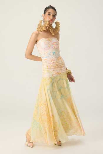 Saaksha & Kinni Multi Color Chiffon, Jersey Bandeau Neck Josie Floral Print Dress at Aza Fashions Saaksha & Kinni_Multi Color Chiffon, Jersey Bandeau Neck Josie Floral Print Dress _at_Aza_Fashions