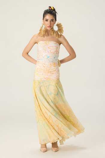Buy Saaksha & Kinni Multi Color Chiffon, Jersey Bandeau Neck Josie Floral Print Dress Buy_Saaksha & Kinni_Multi Color Chiffon, Jersey Bandeau Neck Josie Floral Print Dress