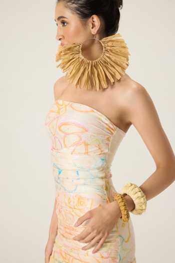 Shop Saaksha & Kinni Multi Color Chiffon, Jersey Bandeau Neck Josie Floral Print Dress Shop_Saaksha & Kinni_Multi Color Chiffon, Jersey Bandeau Neck Josie Floral Print Dress
