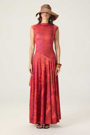 Saaksha & Kinni Red Jersey High Neck Charlotte Printed Asymmetric Dress Online at Aza Fashions Saaksha & Kinni_Red Jersey High Neck Charlotte Printed Asymmetric Dress _Online_at_Aza_Fashions
