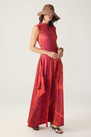 Buy Saaksha & Kinni Red Jersey High Neck Charlotte Printed Asymmetric Dress Online at Aza Fashions Buy_Saaksha & Kinni_Red Jersey High Neck Charlotte Printed Asymmetric Dress _Online_at_Aza_Fashions