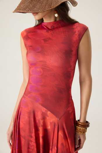 Saaksha & Kinni Red Jersey High Neck Charlotte Printed Asymmetric Dress at Aza Fashions Saaksha & Kinni_Red Jersey High Neck Charlotte Printed Asymmetric Dress _at_Aza_Fashions