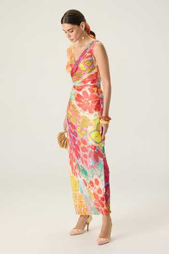 Saaksha & Kinni Multi Color Chiffon V-neck Anya Floral Print Dress Online at Aza Fashions Saaksha & Kinni_Multi Color Chiffon V-neck Anya Floral Print Dress _Online_at_Aza_Fashions