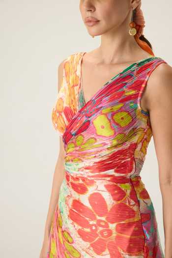 Shop Saaksha & Kinni Multi Color Chiffon V-neck Anya Floral Print Dress Online at Aza Fashions Shop_Saaksha & Kinni_Multi Color Chiffon V-neck Anya Floral Print Dress _Online_at_Aza_Fashions