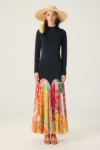 Buy Saaksha & Kinni Black Chiffon, Jersey High Neck Maeva Floral Print Dress Online at Aza Fashions Buy_Saaksha & Kinni_Black Chiffon, Jersey High Neck Maeva Floral Print Dress _Online_at_Aza_Fashions