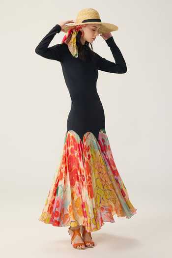 Saaksha & Kinni Black Chiffon, Jersey High Neck Maeva Floral Print Dress at Aza Fashions Saaksha & Kinni_Black Chiffon, Jersey High Neck Maeva Floral Print Dress _at_Aza_Fashions