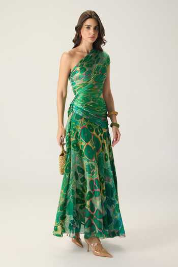 Saaksha & Kinni Green Chiffon One Shoulder Ally Floral Print Dress Online at Aza Fashions Saaksha & Kinni_Green Chiffon One Shoulder Ally Floral Print Dress _Online_at_Aza_Fashions