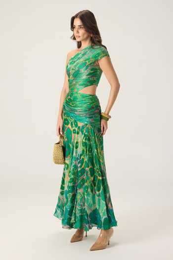 Buy Saaksha & Kinni Green Chiffon One Shoulder Ally Floral Print Dress Online at Aza Fashions Buy_Saaksha & Kinni_Green Chiffon One Shoulder Ally Floral Print Dress _Online_at_Aza_Fashions