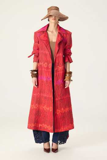 Saaksha & Kinni Red Clover Leheriya Print Trench Coat Online at Aza Fashions Saaksha & Kinni_Red Clover Leheriya Print Trench Coat _Online_at_Aza_Fashions