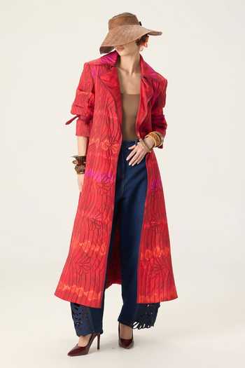 Shop Saaksha & Kinni Red Clover Leheriya Print Trench Coat Online at Aza Fashions Shop_Saaksha & Kinni_Red Clover Leheriya Print Trench Coat _Online_at_Aza_Fashions