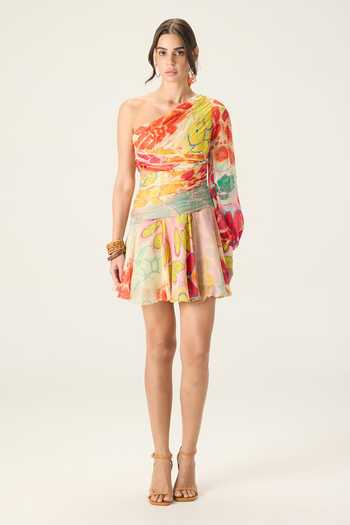 Saaksha & Kinni Multi Color Chiffon One Shoulder Juliana Floral Print Dress Online at Aza Fashions Saaksha & Kinni_Multi Color Chiffon One Shoulder Juliana Floral Print Dress _Online_at_Aza_Fashions