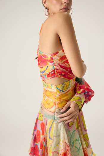Buy Saaksha & Kinni Multi Color Chiffon One Shoulder Juliana Floral Print Dress Buy_Saaksha & Kinni_Multi Color Chiffon One Shoulder Juliana Floral Print Dress