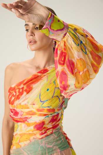 Shop Saaksha & Kinni Multi Color Chiffon One Shoulder Juliana Floral Print Dress Shop_Saaksha & Kinni_Multi Color Chiffon One Shoulder Juliana Floral Print Dress