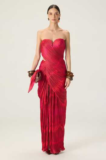 Saaksha & Kinni Red Chiffon Sweetheart Neck Adelita Pleated Maxi Dress Online at Aza Fashions Saaksha & Kinni_Red Chiffon Sweetheart Neck Adelita Pleated Maxi Dress _Online_at_Aza_Fashions