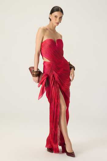 Buy Saaksha & Kinni Red Chiffon Sweetheart Neck Adelita Pleated Maxi Dress Online at Aza Fashions Buy_Saaksha & Kinni_Red Chiffon Sweetheart Neck Adelita Pleated Maxi Dress _Online_at_Aza_Fashions