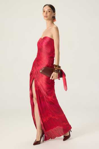 Shop Saaksha & Kinni Red Chiffon Sweetheart Neck Adelita Pleated Maxi Dress Online at Aza Fashions Shop_Saaksha & Kinni_Red Chiffon Sweetheart Neck Adelita Pleated Maxi Dress _Online_at_Aza_Fashions