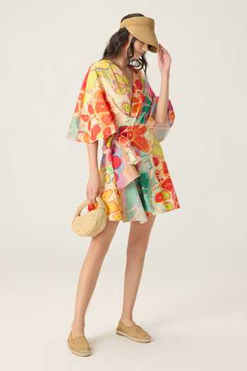 Saaksha & Kinni Multi Color Cotton V-neck Selia Floral Print Dress Online at Aza Fashions Saaksha & Kinni_Multi Color Cotton V-neck Selia Floral Print Dress _Online_at_Aza_Fashions