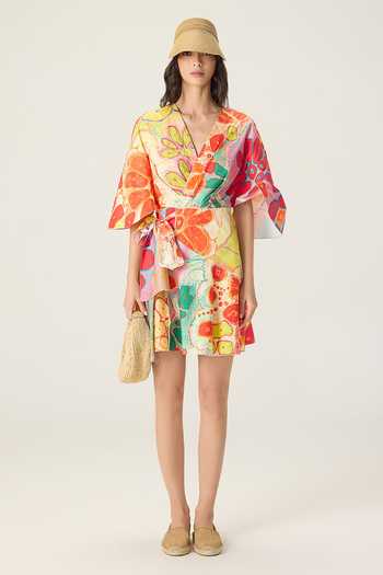 Shop Saaksha & Kinni Multi Color Cotton V-neck Selia Floral Print Dress Online at Aza Fashions Shop_Saaksha & Kinni_Multi Color Cotton V-neck Selia Floral Print Dress _Online_at_Aza_Fashions