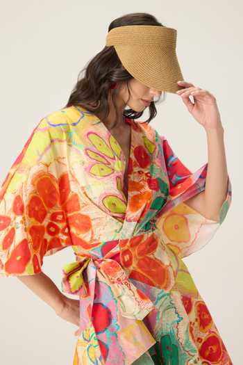 Saaksha & Kinni Multi Color Cotton V-neck Selia Floral Print Dress at Aza Fashions Saaksha & Kinni_Multi Color Cotton V-neck Selia Floral Print Dress _at_Aza_Fashions